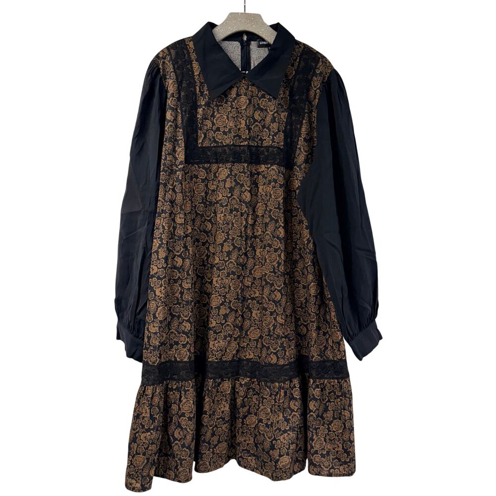 Lively Ghosts Brady Dress 2XL Brown Black Floral Rose Lace Collared Puff Sleeve